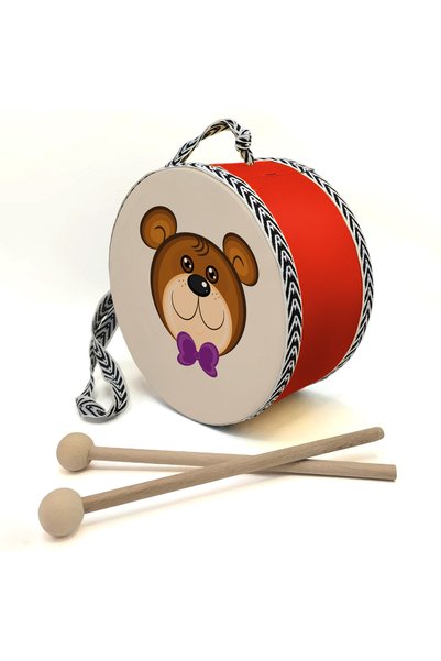 Generic Brand Children's Leather Drum with Bow-Tied Teddy Bear Print - Red