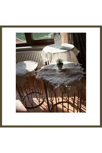 Generic Brand Gülseda Cream-Cream Pattern 5-Piece Linen Tablecloth Table Runn...