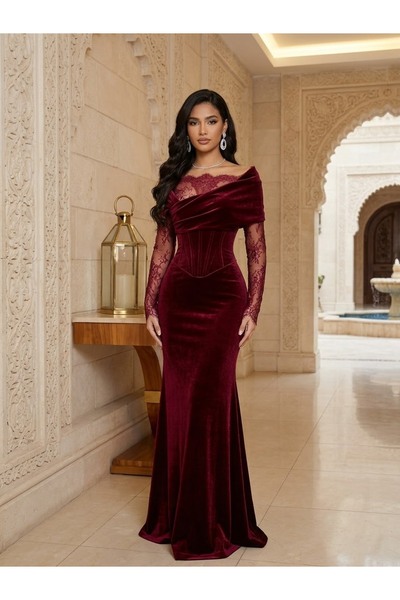 Princess sa فستان سهرة عنابي بتصميم الكتف الواحد وقصة