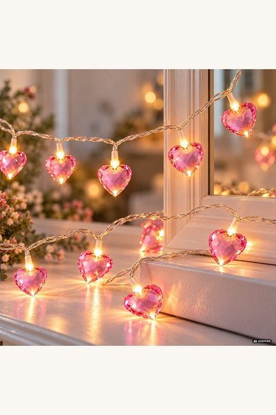 Comerivo Lumini decorative cu baterii in forma de inimi, roz cald, ideale pen...