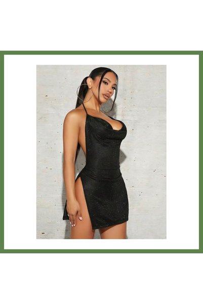 Hobibahçem Women's Black Evening Gown with Plunging Neckline and Backless Des...