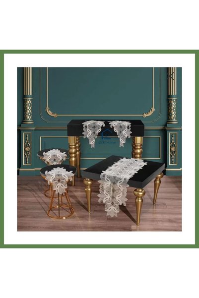 Hobibahçem Cream Elegant 5-Piece Bridal Set with Lace Tablecloth and Table Ru...