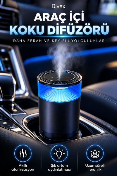 Divex Akıllı Araç İçi Koku Difüzörü Hava Nemlendirici, 4 Modlu, RGB LED Işıklı,Şarjlı Oda ve Araba Kokusu, Alüminyum Gövdeli Araç Parfümü