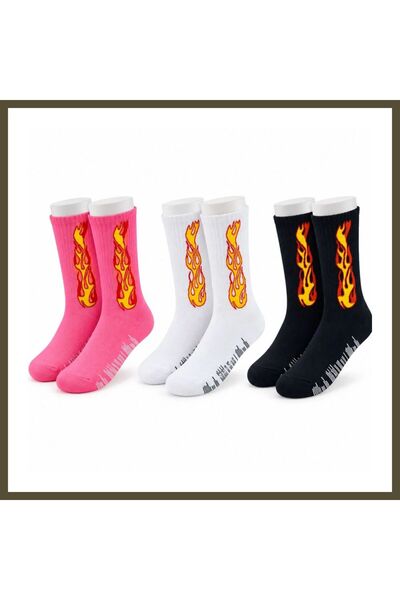 northcity n Unisex Flame-Patterned Socks, 3-Pack, Cotton, Long Socks, Stitch-...
