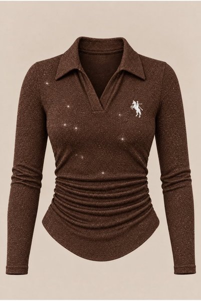 Gofeel Silvery Polo Collar Ribbed Premium Long Sleeve Blouse