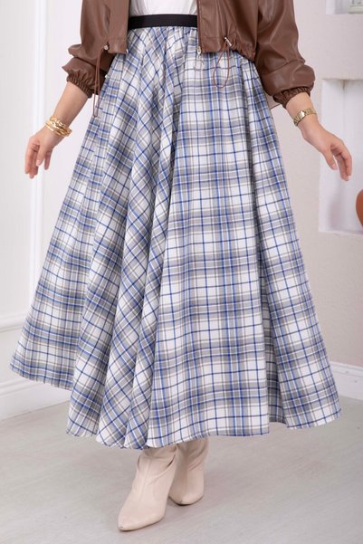 EBRUTESETTÜR Plaid Flared Skirt, Gray - Indigo