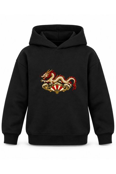 ROOSTER GOLD Black Kids' Hooded Sweatshirt with Dragon and Red Rays Print