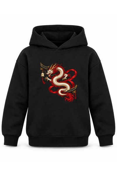 ROOSTER GOLD Black Kids' Hooded Sweatshirt with Dragon and Temple Bell Print