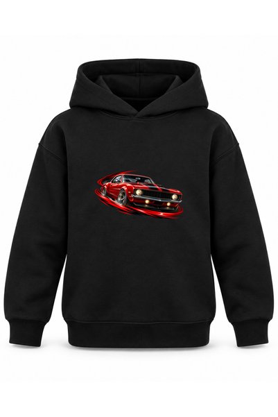ROOSTER GOLD Black Children's Hooded Sweatshirt with Car Print