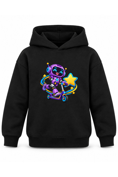 ROOSTER GOLD "Robot Friend" Printed Black Kids' Hooded Sweatshirt