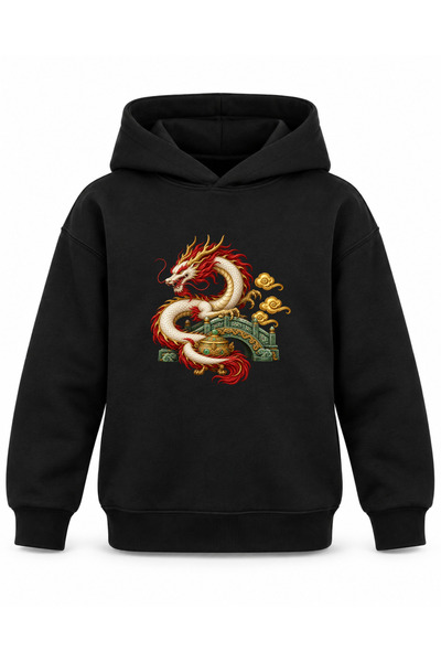 ROOSTER GOLD Black Kids' Hooded Sweatshirt with Dragon and Jade Bridge Print