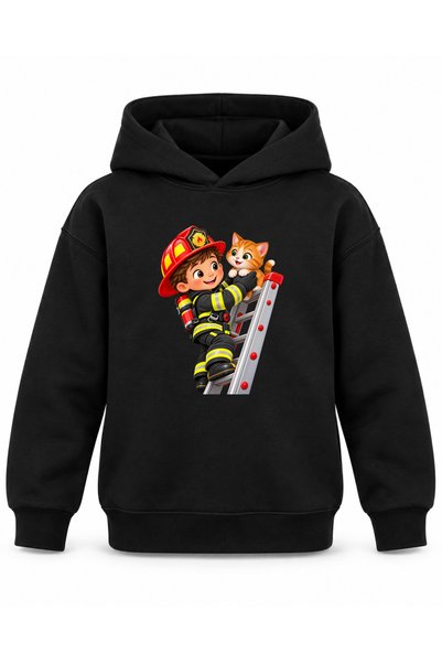 ROOSTER GOLD Fire Department-Printed Black Children's Hooded Sweatshirt