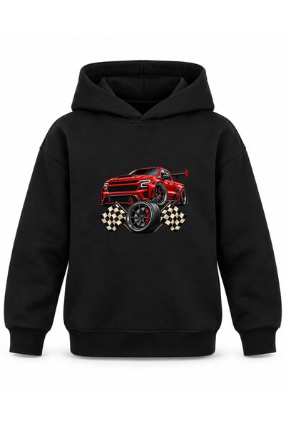 ROOSTER GOLD Black Kids' Hooded Sweatshirt with Racing Truck and Car Print