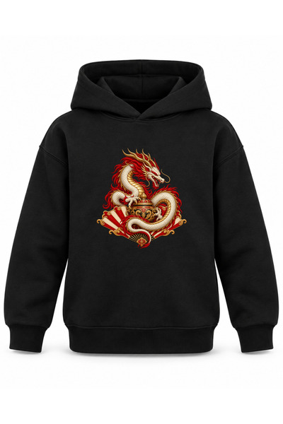 ROOSTER GOLD Black Kids' Hooded Sweatshirt with Dragon and Red Rays Print
