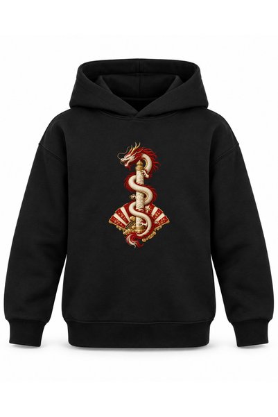 ROOSTER GOLD Black Kids' Hooded Sweatshirt with Dragon and Red Rays Print
