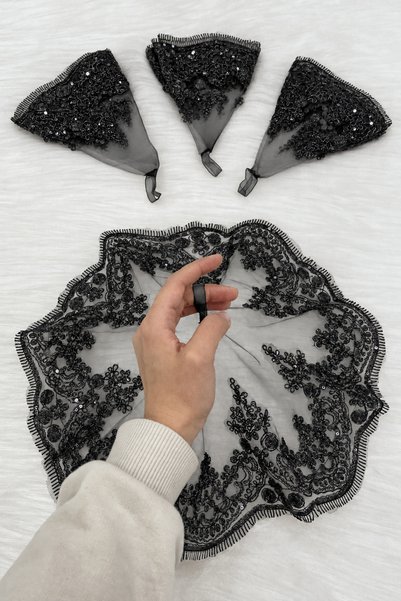 ZEYMERADE Black Bride and Groom Halay Handkerchief, Sparkling with Guipure La...