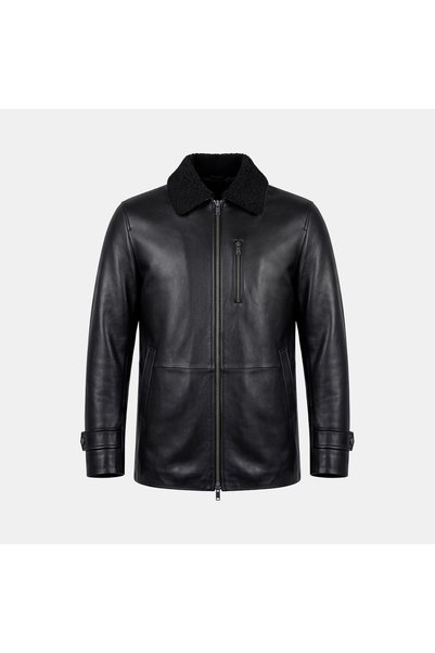 Desa Men’s Black Leather Coat with Fur Collar and Zipper