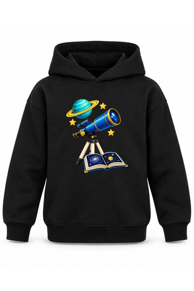 ROOSTER GOLD Black Kids' Hooded Sweatshirt with Colorful Telescope and Planet...