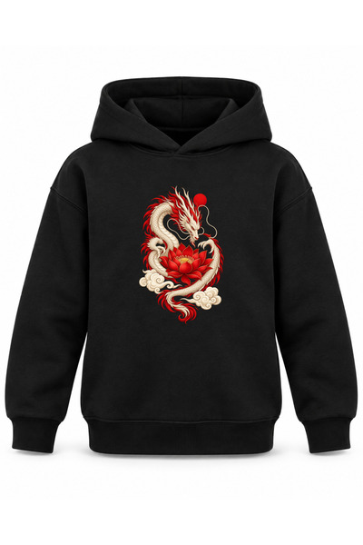 ROOSTER GOLD Black Kids' Hooded Sweatshirt with Dragon and Lotus Print