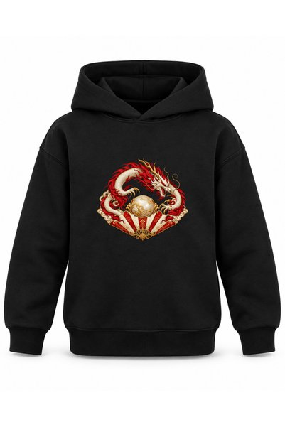 ROOSTER GOLD Black Kids' Hooded Sweatshirt with Dragon and Red Rays Print