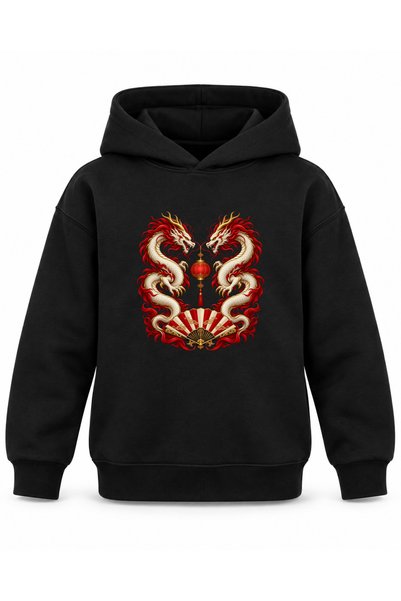 ROOSTER GOLD Black Kids' Hooded Sweatshirt with Dragon and Red Rays Print
