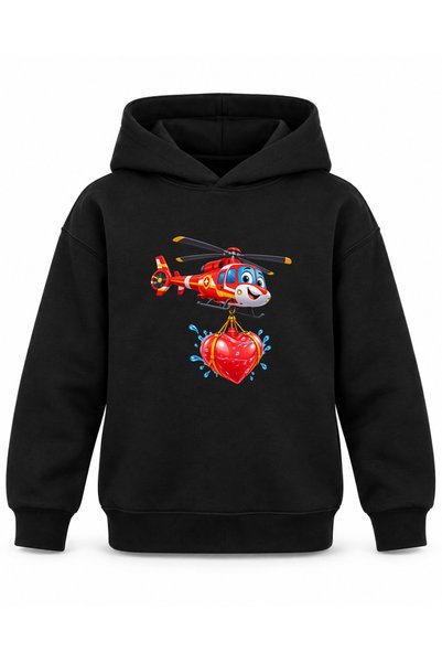 ROOSTER GOLD Fire Department-Printed Black Children's Hooded Sweatshirt