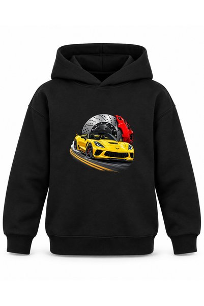 ROOSTER GOLD Black Children's Hooded Sweatshirt with Car Print