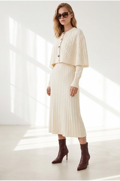 Olalook Women's Cream-Colored Knitted Detail Cardigan and Dress Set TKM-19000529