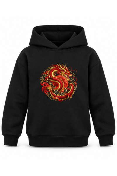 ROOSTER GOLD Black Kids' Hoodie with Dragon Print