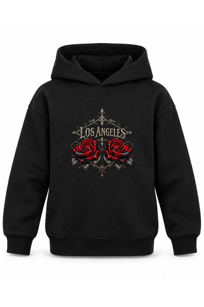 ROOSTER GOLD Los Angeles Gothic-Printed Black Kids' Hooded Sweatshirt
