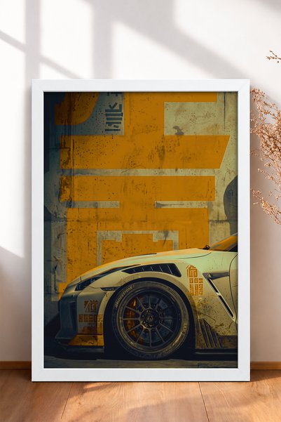 HOMEPACK Framed Painting of a Japanese Race Car in Front of a Mustard-Yellow ...