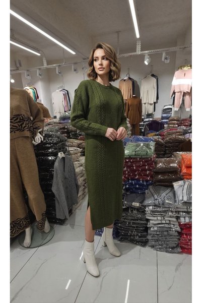ALCHON Round-Neck, Long-Sleeved, Braided-Side, Side Slit, Soft-Textured Midi ...
