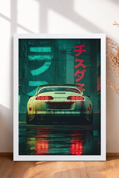 HOMEPACK Tablou înrămat cu mașină sport japoneză pe strada neon ploioasă, pos...