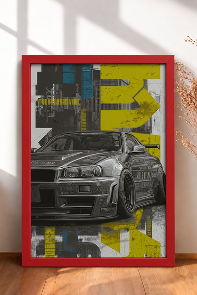 HOMEPACK Tablou înrămat cu mașină sport japoneză, tipografie galbenă, poster ...