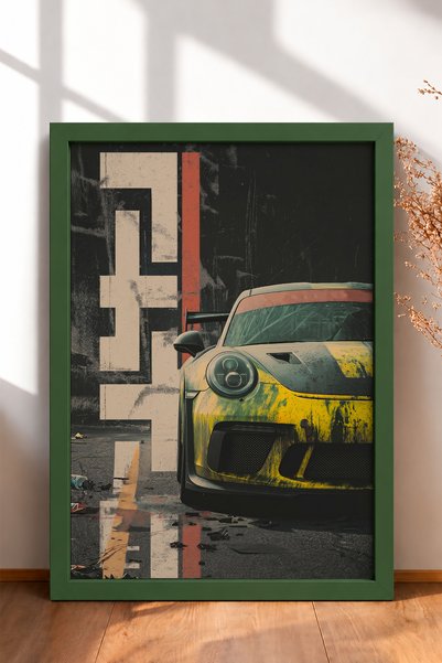 HOMEPACK Tablou înrăiat cu mașină sport germană galbenă, poster auto, decor d...