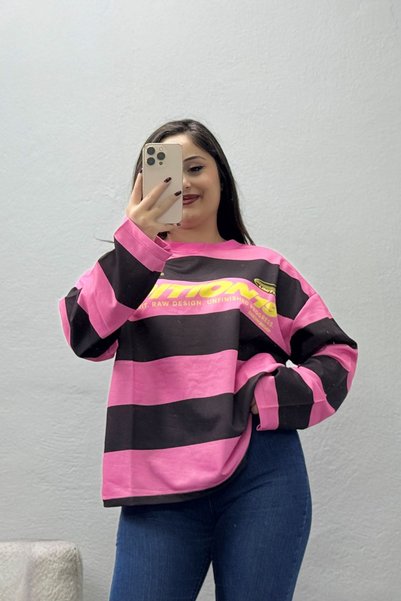 BELENDİR Women's 2-Stripe Printed Crew Neck Sweatshirt, Pink