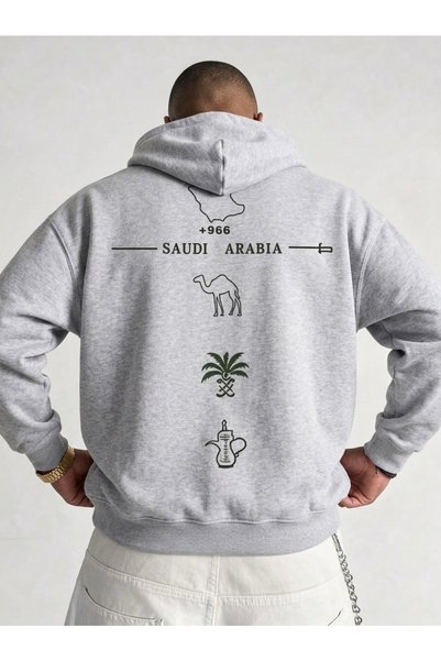 HAI COLLECTİON سويت شيرت بغطاء للرأس باللون الرمادي، مقاس كبير، للجنسين، مطبو...