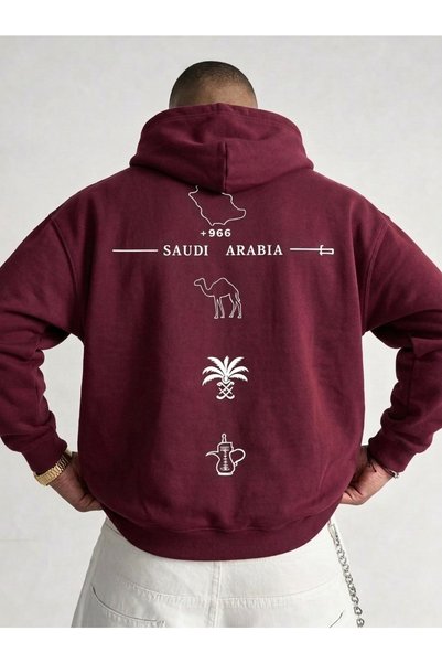 HAI COLLECTİON سويت شيرت بغطاء للرأس من السعودية، لون بوردو، مقاس كبير، للجنسين.