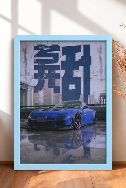 HOMEPACK Framed Painting of a Blue Japanese Drift Car in a Wet Attic—Car Post...