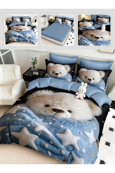 OEM Duvet Cover Set with a white teddy bear wrapped in a blue Blanket with st...