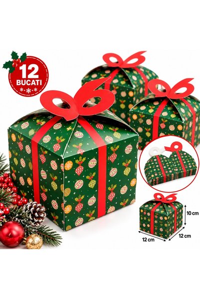 VARENTIS Set de 12 cutii cadou de Crăciun cu mâner dublu, verzi cu ornamente ...
