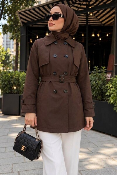 Neva Style Torino Brown Double-Breasted Trench Coat with Belt 63264KH