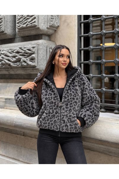 ARYELİS Çift Taraflı Kapüşonlu Leopar Desenli Peluş Şişme Mont Fermuarlı Kışl...