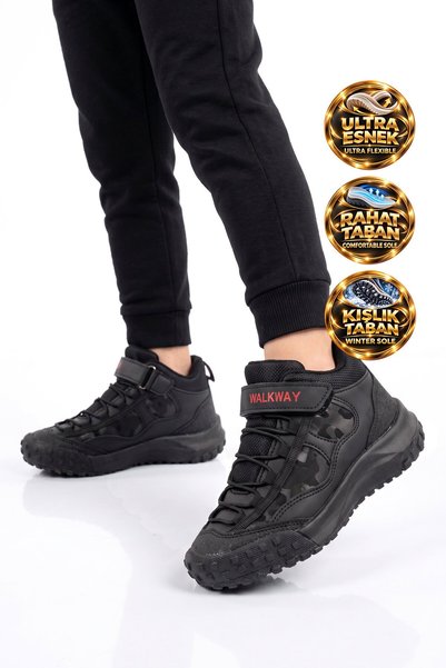 WALKWAY Black and Red Velcro-Closure Rubber Sole-equipped Boys' Sneakers Nexo...