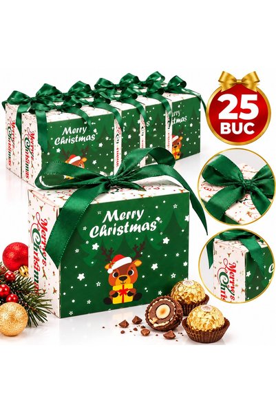 VARENTIS Set 25 cutii cadou de Crăciun cu sertar și panglică de satin verde, ...