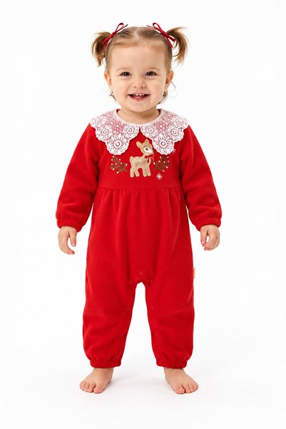 Beniizle Girls' Red Lace-Collar, Deer-Embroidered, Long-Sleeved, Brushed Insi...