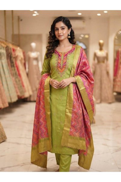 Generic Brand PURE MUL CHANDERI EMBROIDED 3 PIECE SET FOR WOMEN GREEN XL