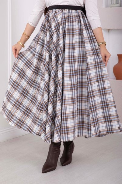 EBRUTESETTÜR Plaid Pattern Flared Skirt Brown