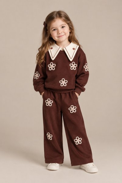KİDSROOM Girls' Brown Floral Print Top and Bottom Set with Large Collar, 80% ...
