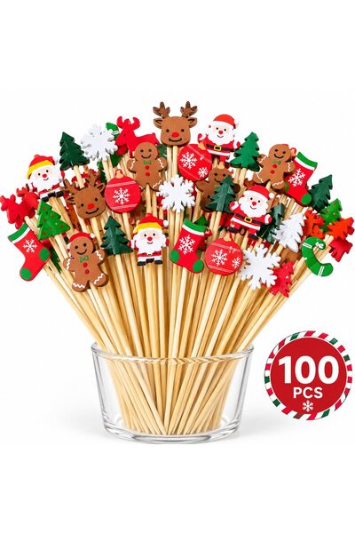 VARENTIS Set de 100 bețe decorative de Crăciun din lemn, cu Moș Crăciun, reni...